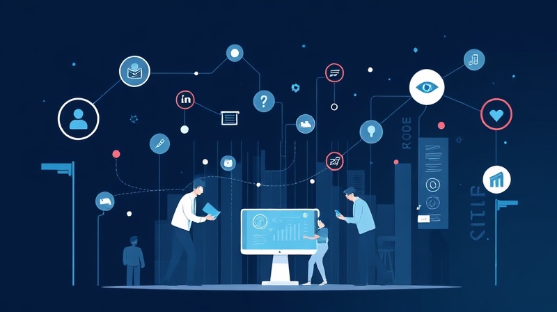 AI workforce management illustration: robots and humans collaborate.